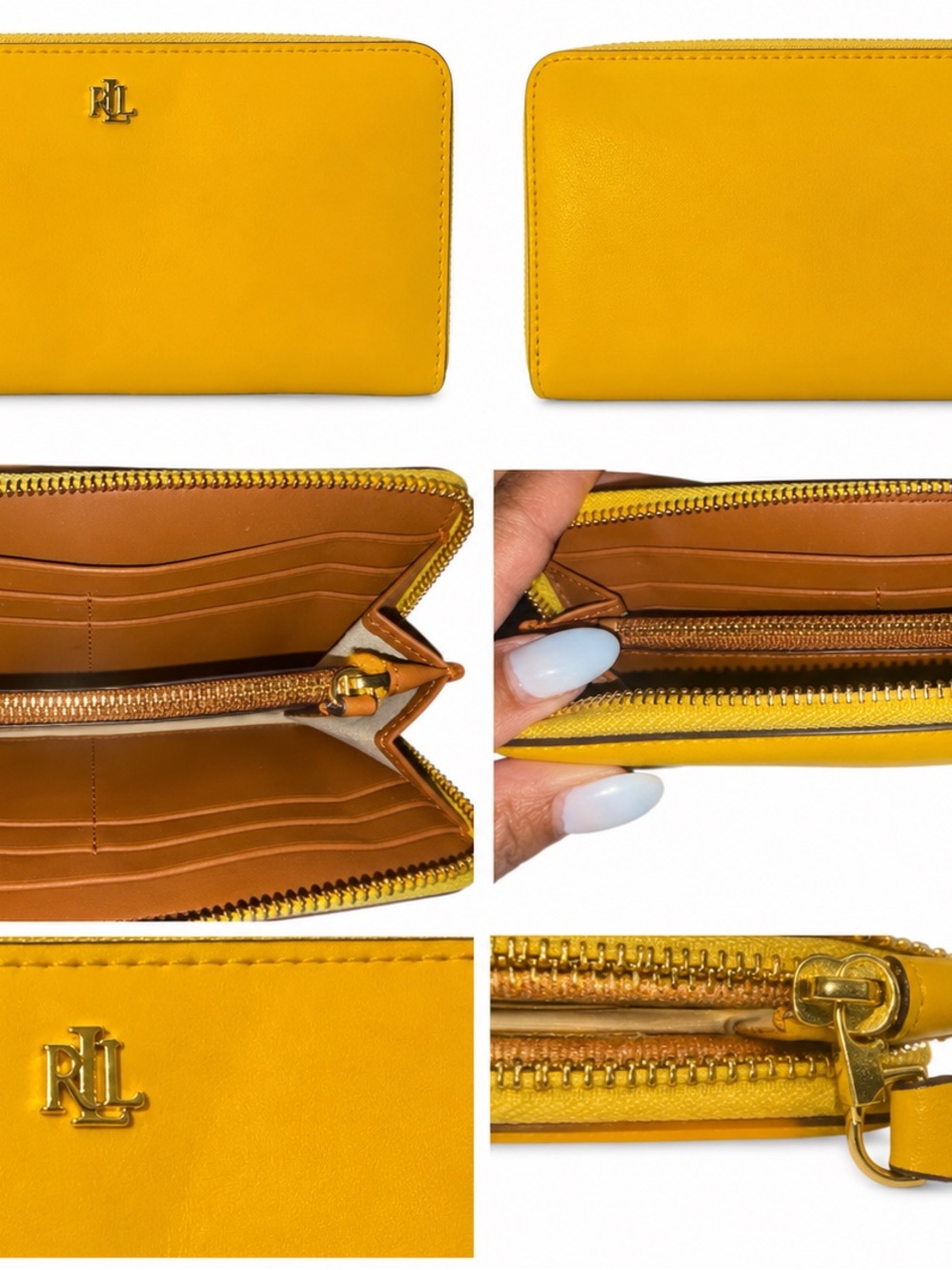 Ralph Lauren Bright Yellow Zip-Around Leather Wallet with Gold RL Hardware